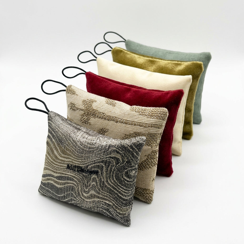 Five Mini Lavender Pillows in a row showing fabric textures: metallic, woven neutral, red velvet, cream and sage, each with a hanging loop